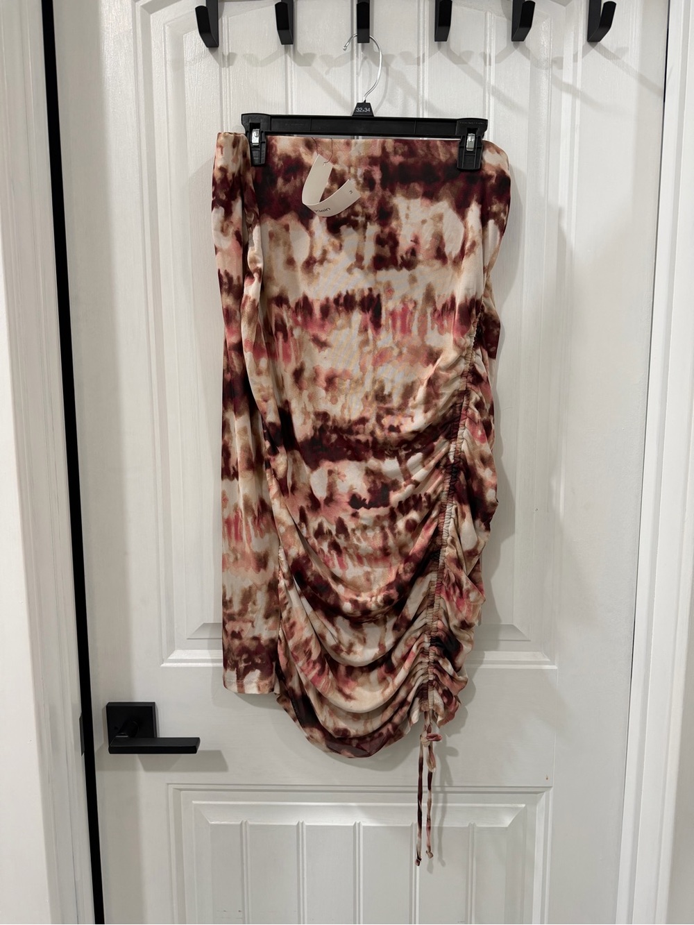 NWT Calvin Klein Beige and Burgundy Tie-Dye Ruched Midi Skirt-Large